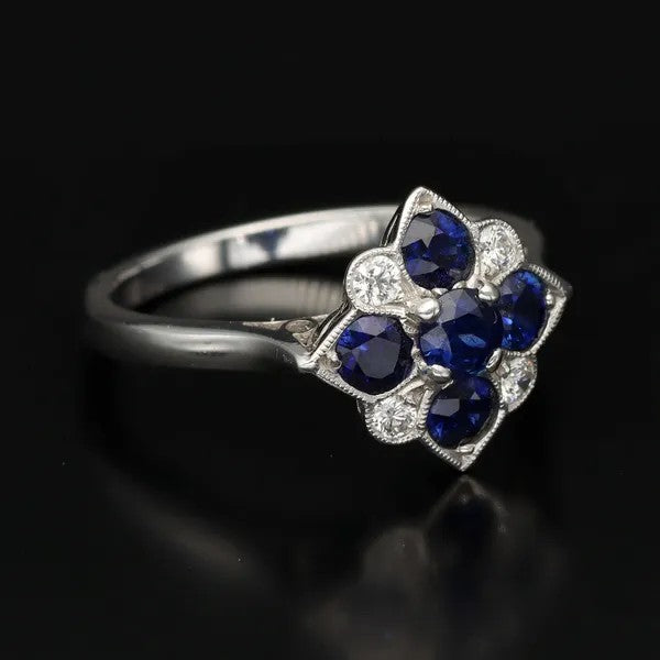 Vintage Style Sapphire and Diamond Ring | 18ct White Gold | Size N