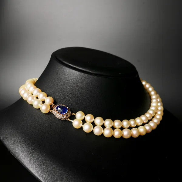 Cultured Pearl & Ceylon Sapphire Two Row Necklace | 4.2ct Clasp