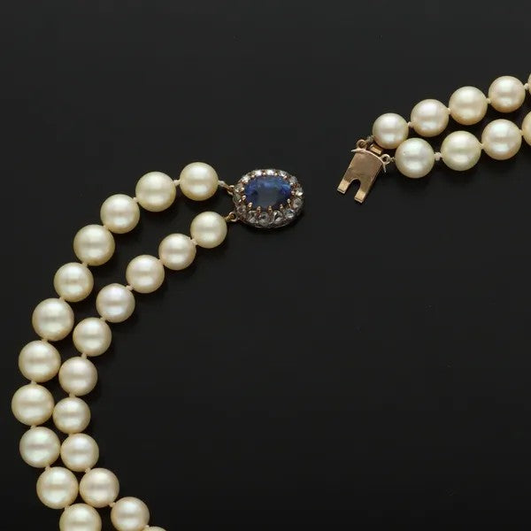 Cultured Pearl & Ceylon Sapphire Two Row Necklace | 4.2ct Clasp