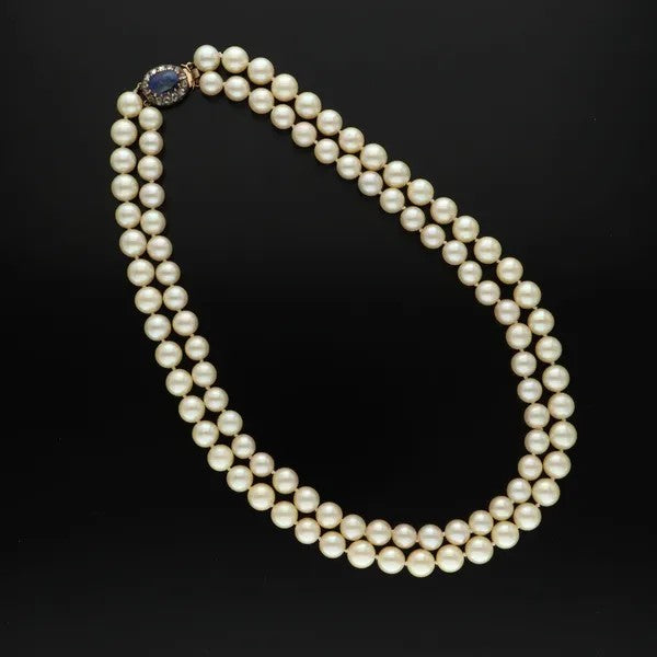 Cultured Pearl & Ceylon Sapphire Two Row Necklace | 4.2ct Clasp