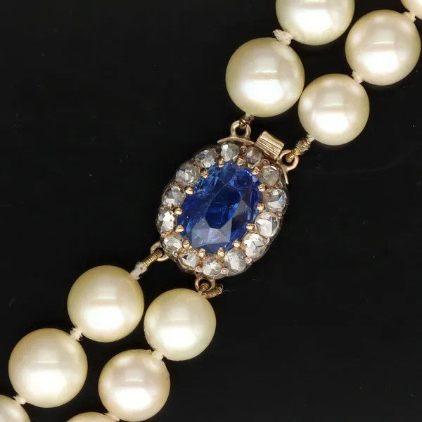 Cultured Pearl & Ceylon Sapphire Two Row Necklace | 4.2ct Clasp