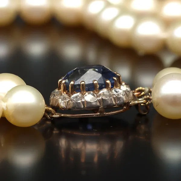 Cultured Pearl & Ceylon Sapphire Two Row Necklace | 4.2ct Clasp