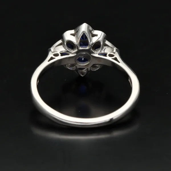 Vintage Style Sapphire and Diamond Ring | 18ct White Gold | Size N