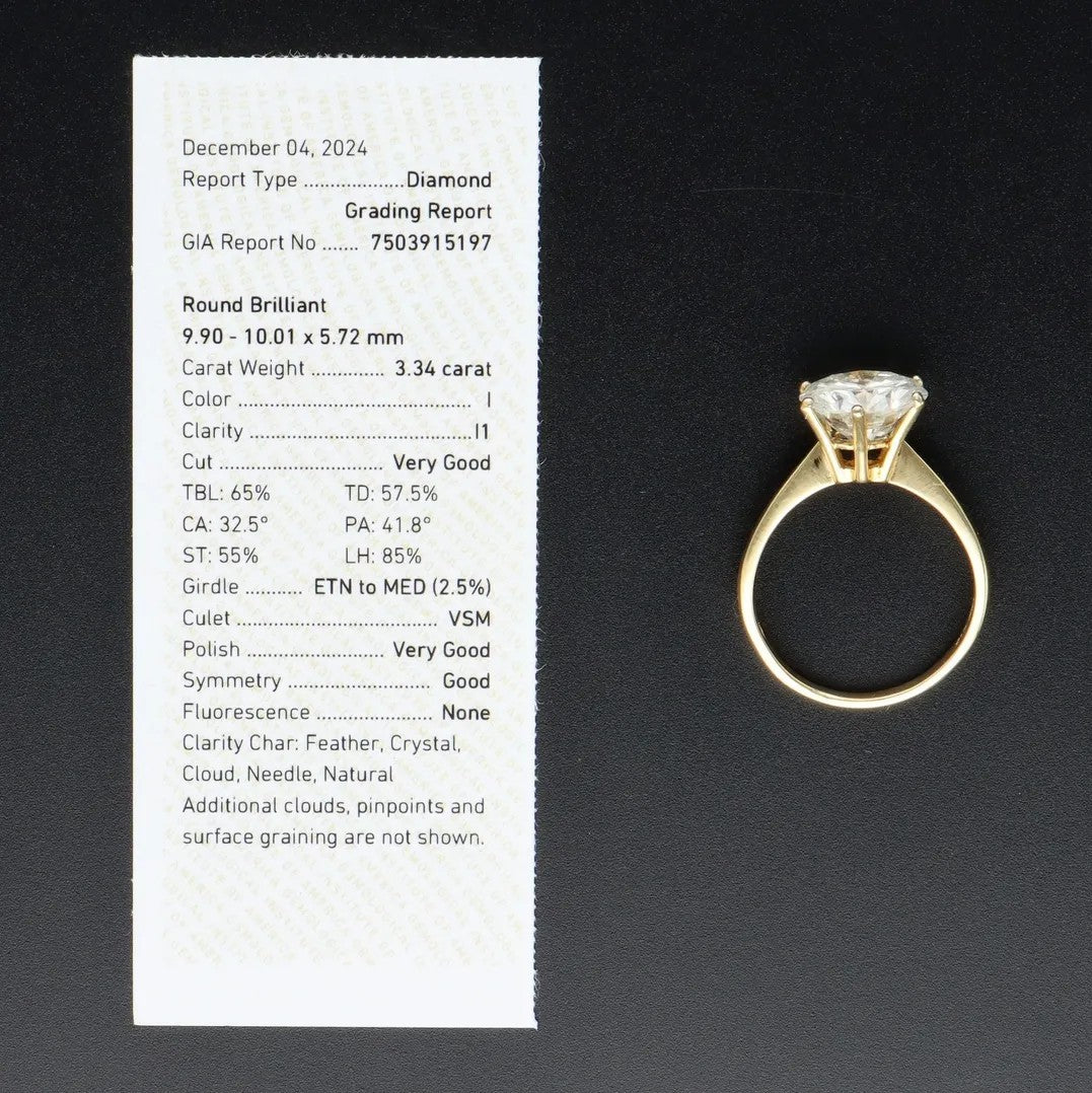 18ct Yellow Gold Diamond Solitaire Ring | 3.34ct | GIA Certified