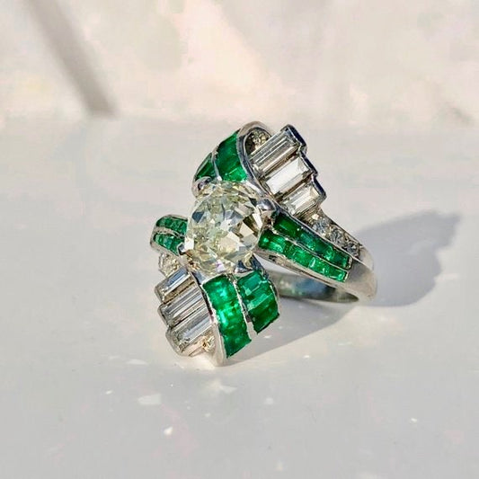 Antique Art Deco Emerald Diamond Ring, Birthstone May Emerald, Emerald and Diamond Ring, Old Cut and Baguette Diamond Ring