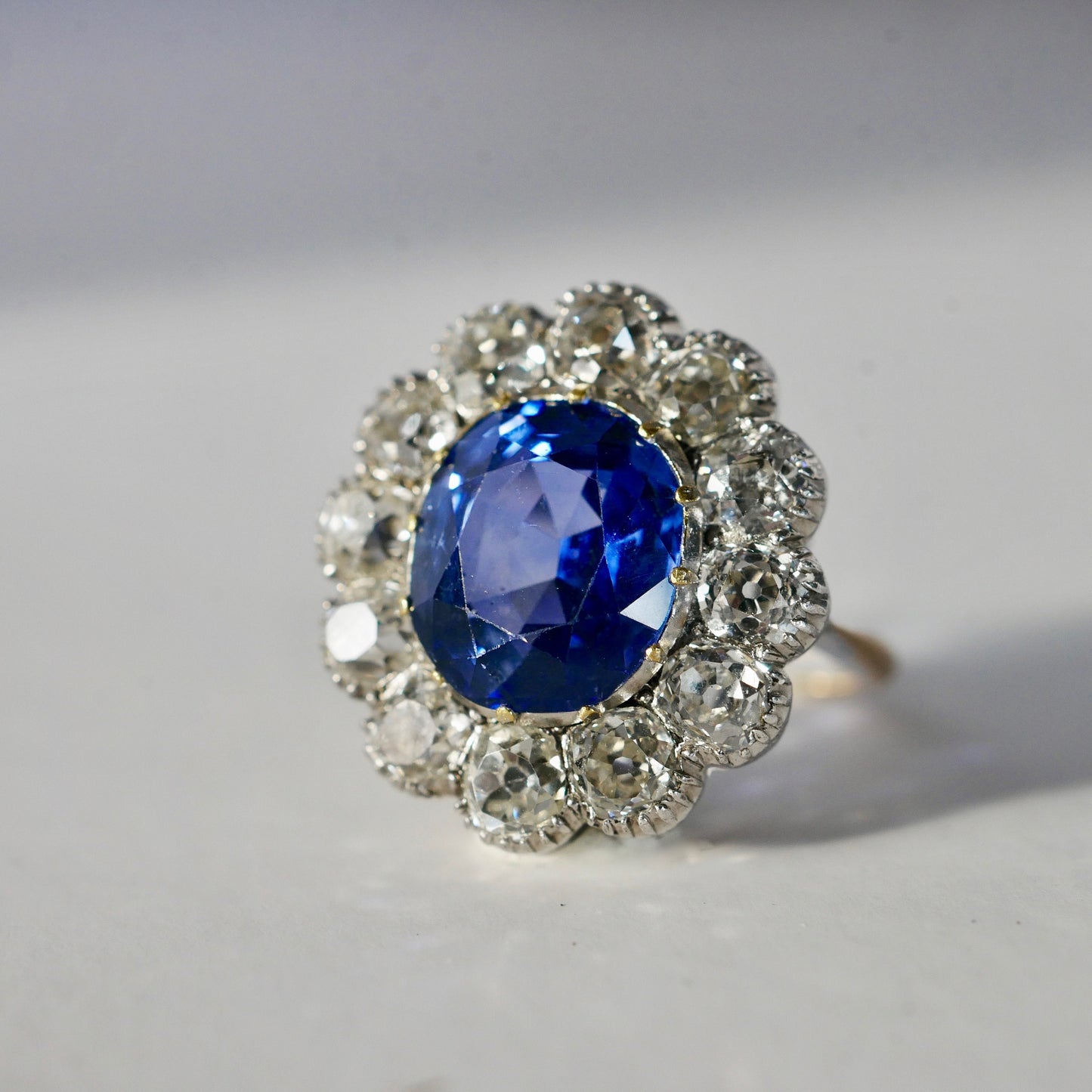 Natural, Un Heated, Ceylon (Sri Lanka) Cornflower Blue Sapphire 4.50cts Surrounded By 2.50ct (est) of White Old Mine Cut Diamonds