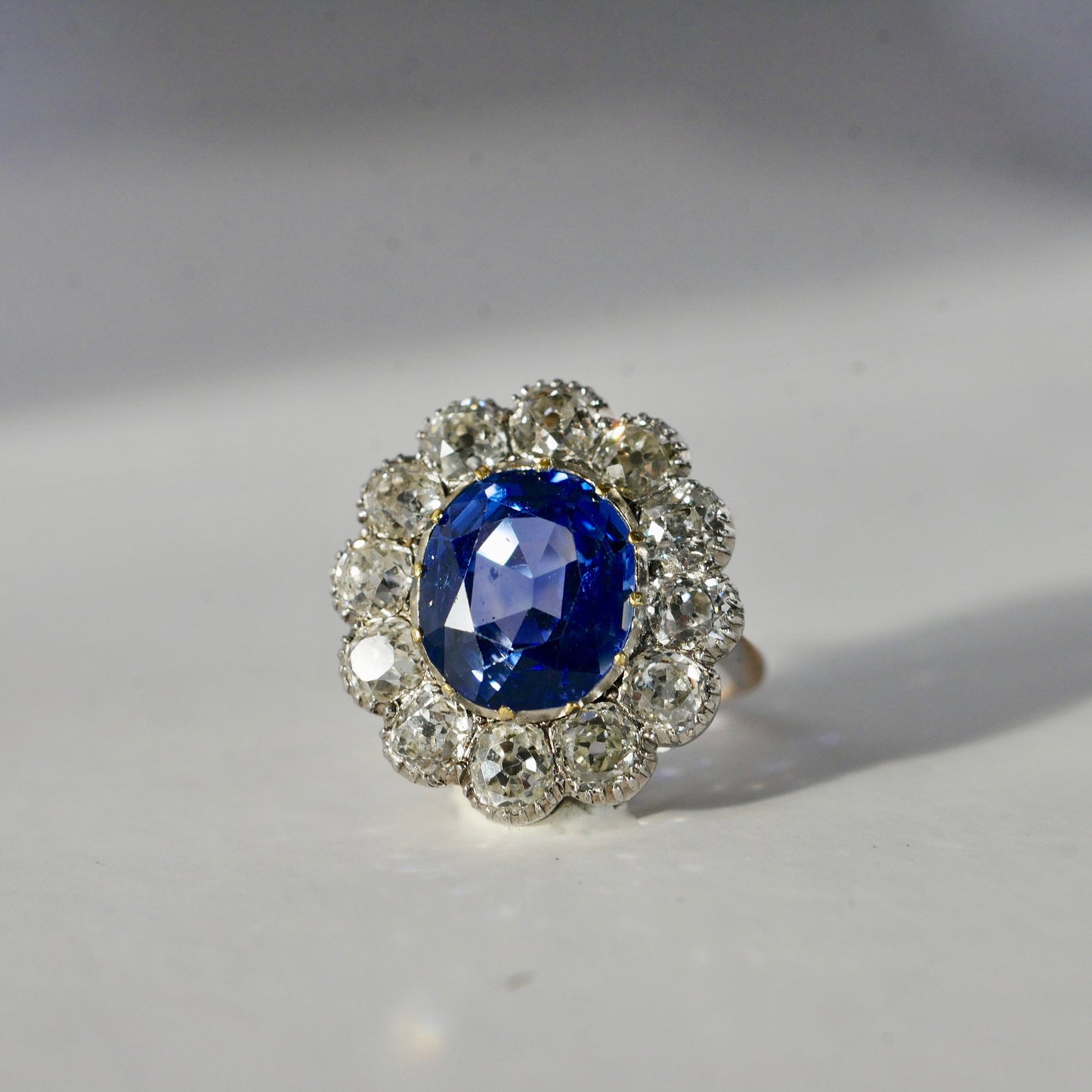 Natural, Un Heated, Ceylon (Sri Lanka) Cornflower Blue Sapphire 4.50cts Surrounded By 2.50ct (est) of White Old Mine Cut Diamonds