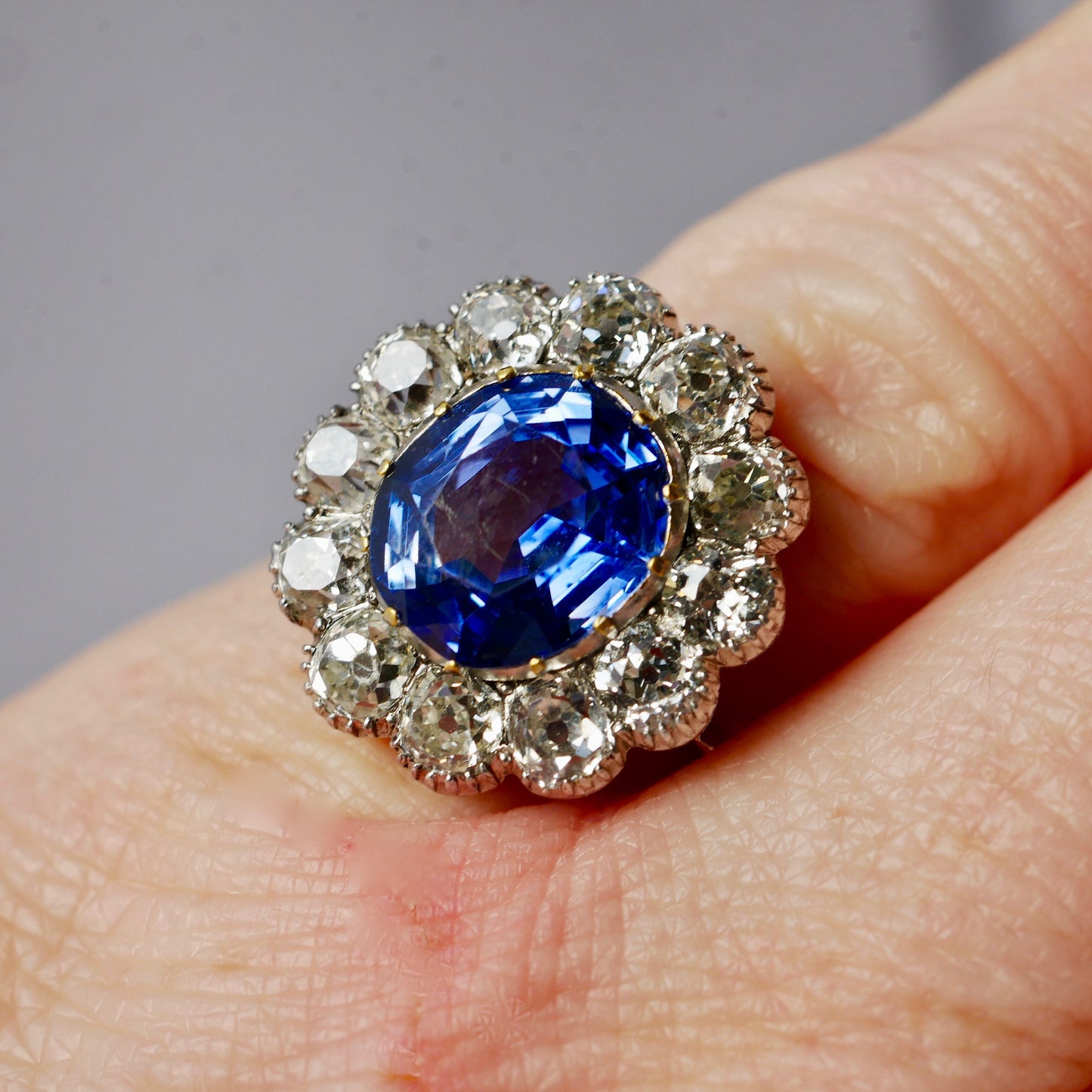 Natural, Un Heated, Ceylon (Sri Lanka) Cornflower Blue Sapphire 4.50cts Surrounded By 2.50ct (est) of White Old Mine Cut Diamonds