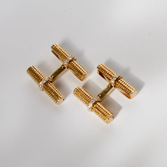 Van Cleef and Arpels Baton Cufflink Set 18k Yellow Gold & Diamonds with 6 Interchangable Baton Sets - Crystal, Tigers Eye, Gold,