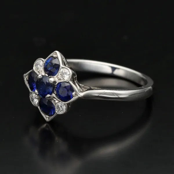 Vintage Style Sapphire and Diamond Ring | 18ct White Gold | Size N