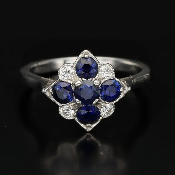Vintage Style Sapphire and Diamond Ring | 18ct White Gold | Size N