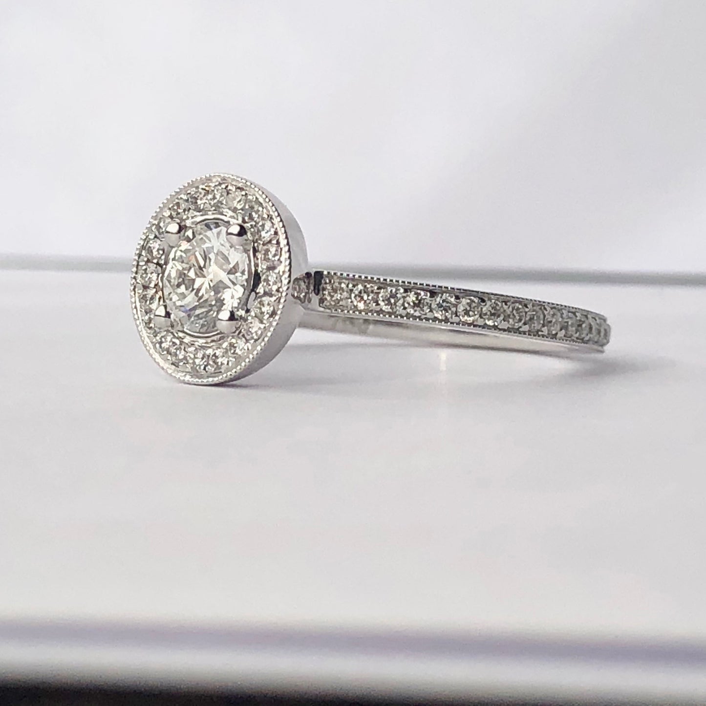 White Diamond Halo Engagement Ring, 18k white gold, G Colour Diamond Video Available Engagement promise ring