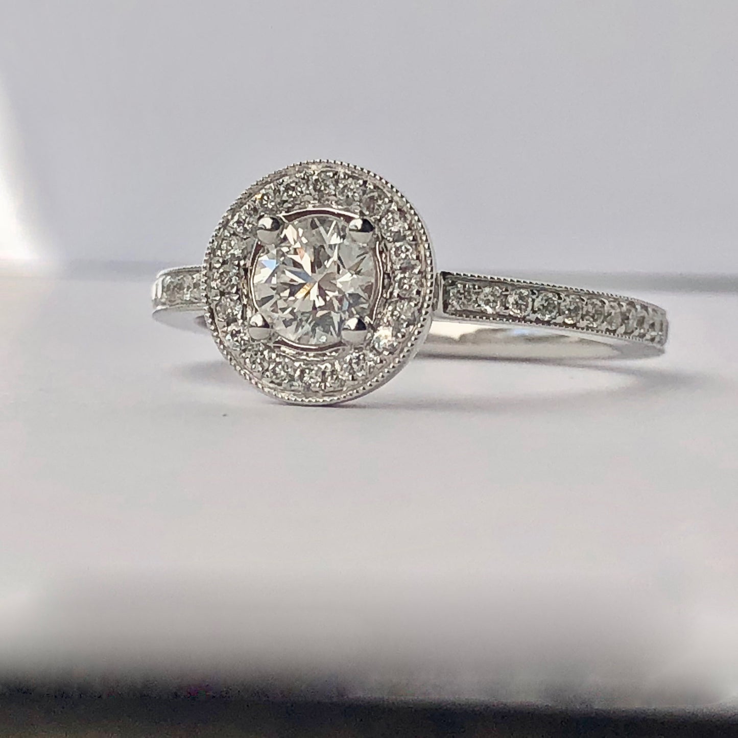 White Diamond Halo Engagement Ring, 18k white gold, G Colour Diamond Video Available Engagement promise ring