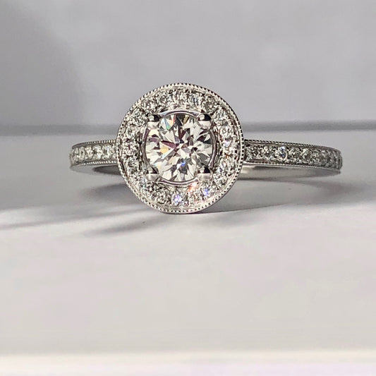 White Diamond Halo Engagement Ring, 18k white gold, G Colour Diamond Video Available Engagement promise ring