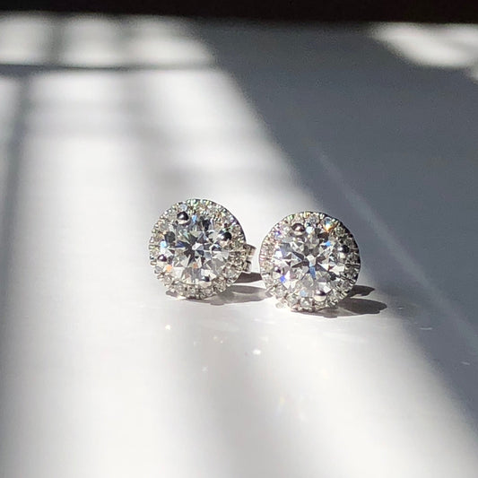 Diamond Ear Stud Round Brilliant Cut Earrings In A Halo Setting Total Weight 1.25ct Total Weight F Colour VS2 Clarity