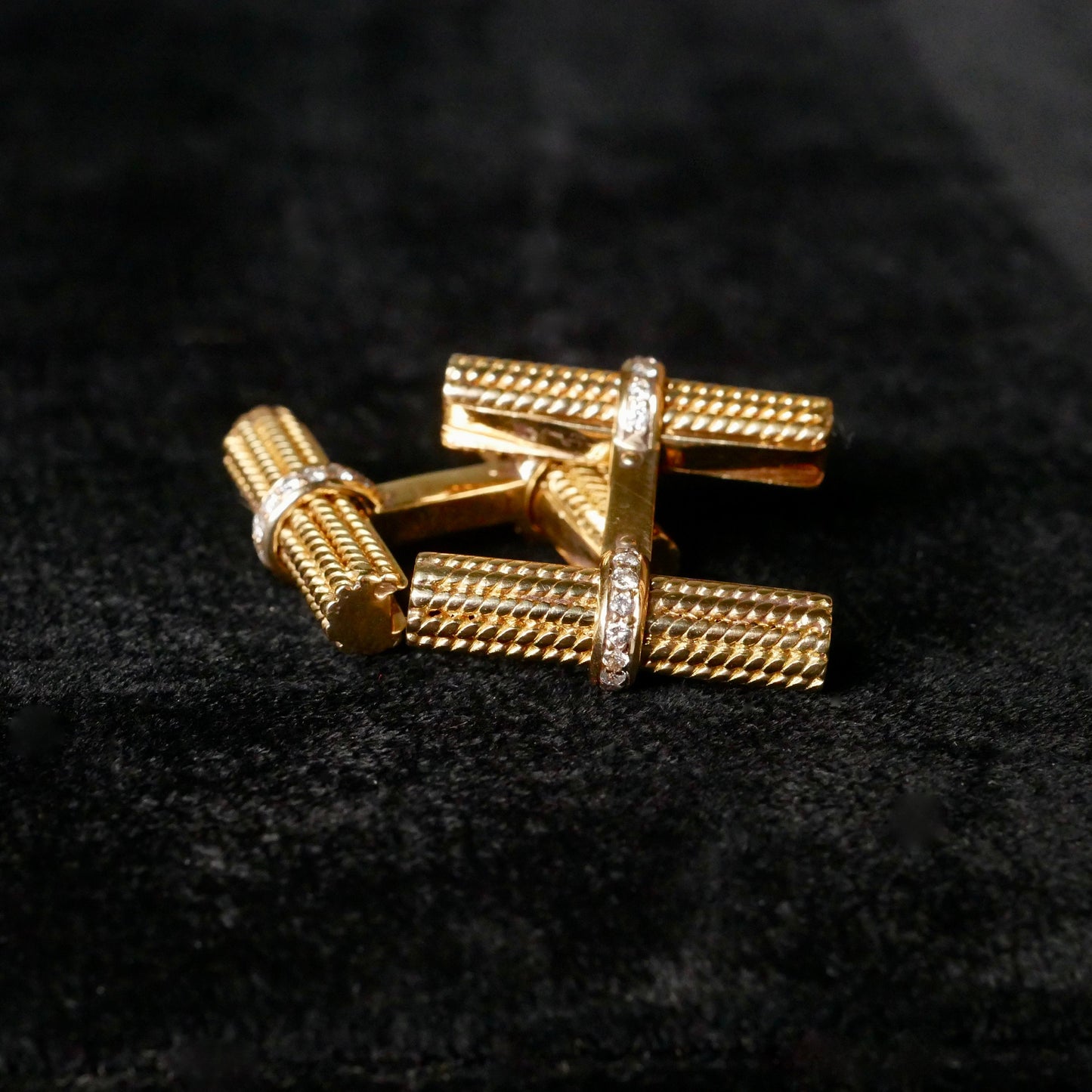 Van Cleef and Arpels Baton Cufflink Set 18k Yellow Gold & Diamonds with 6 Interchangable Baton Sets - Crystal, Tigers Eye, Gold,