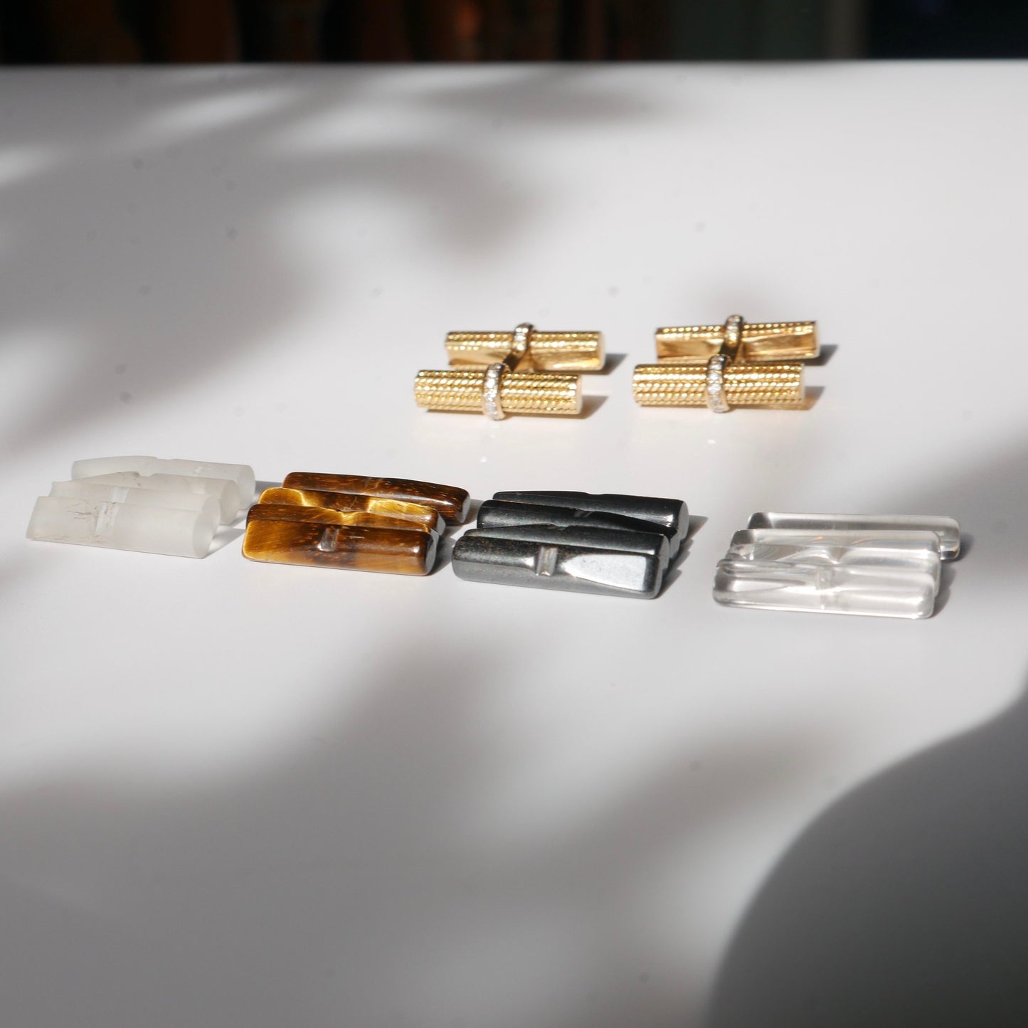Van Cleef and Arpels Baton Cufflink Set 18k Yellow Gold & Diamonds with 6 Interchangable Baton Sets - Crystal, Tigers Eye, Gold,